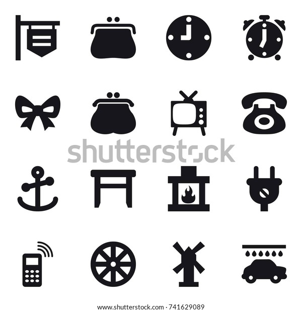 16 vector
icon set : shop signboard, purse, clock, alarm clock, bow, tv,
stool, fireplace, wheel, windmill, car
wash