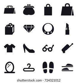 16 vector icon set : shopping bag, purse, diamond, necklace, lipstick, t-shirt, shoes, suitcase, mirror, hanger, slippers
