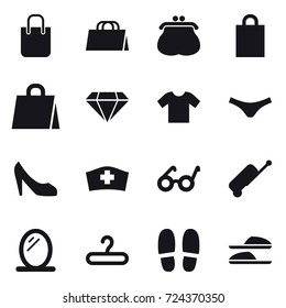16 vector icon set : shopping bag, purse, diamond, t-shirt, underpants, shoes, suitcase, mirror, hanger, slippers