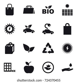 16 vector icon set : shopping bag, bio, sun power, eco car, electric car, apple, ecology, hand and drop