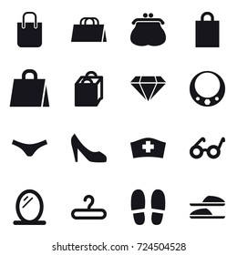 16 vector icon set : shopping bag, purse, diamond, necklace, underpants, shoes, mirror, hanger, slippers
