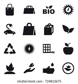 16 vector icon set : shopping bag, bio, sun power, electric car, apple, sprouting, hand leaf, hand drop, ecology