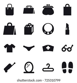 16 vector icon set : shopping bag, purse, necklace, lipstick, t-shirt, underpants, suitcase, mirror, hanger, slippers