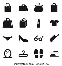16 vector icon set : shopping bag, purse, lipstick, t-shirt, underpants, shoes, suitcase, mirror, hanger, slippers