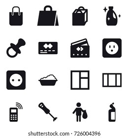16 vector icon set : shopping bag, cleanser, nipple, credit card, power socket, washing, window, trash, toilet cleanser