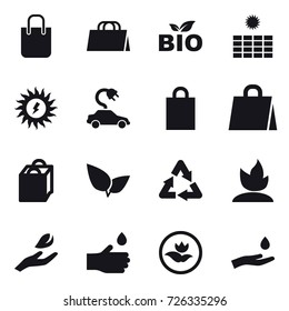 16 vector icon set : shopping bag, bio, sun power, electric car, sprouting, hand leaf, hand drop, ecology, hand and drop