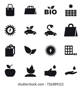 16 vector icon set : shopping bag, bio, sun power, eco car, electric car, apple, sprouting, hand drop, hand and drop