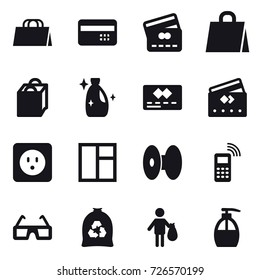 16 vector icon set : shopping bag, credit card, cleanser, power socket, window, garbage bag, trash, liquid soap