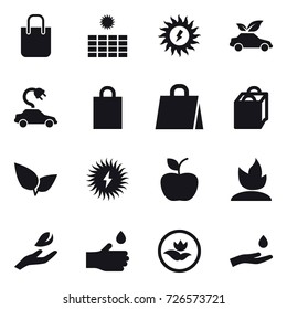 16 vector icon set : shopping bag, sun power, eco car, electric car, apple, sprouting, hand leaf, hand drop, ecology, hand and drop