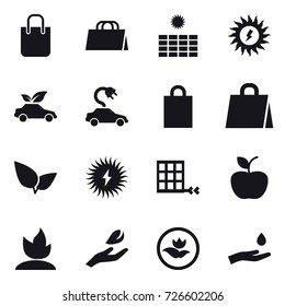 16 vector icon set : shopping bag, sun power, eco car, electric car, apple, sprouting, hand leaf, ecology, hand and drop