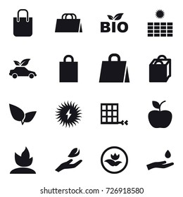 16 vector icon set : shopping bag, bio, sun power, eco car, apple, sprouting, hand leaf, ecology, hand and drop