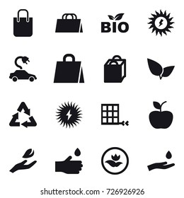16 vector icon set : shopping bag, bio, sun power, electric car, apple, hand leaf, hand drop, ecology, hand and drop