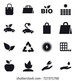 16 vector icon set : shopping bag, bio, sun power, eco car, electric car, apple, sprouting, hand leaf, hand and drop
