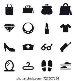 16 vector icon set : shopping bag, purse, diamond, necklace, lipstick, t-shirt, shoes, suitcase, mirror, hanger, slippers