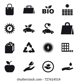 16 vector icon set : shopping bag, bio, sun power, eco car, electric car, apple, hand leaf, ecology, hand and drop