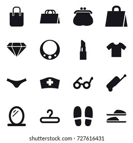 16 vector icon set : shopping bag, purse, diamond, necklace, lipstick, t-shirt, underpants, suitcase, mirror, hanger, slippers