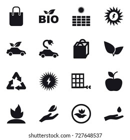 16 vector icon set : shopping bag, bio, sun power, eco car, electric car, apple, sprouting, hand leaf, ecology, hand and drop
