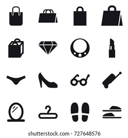 16 vector icon set : shopping bag, diamond, necklace, lipstick, underpants, shoes, suitcase, mirror, hanger, slippers
