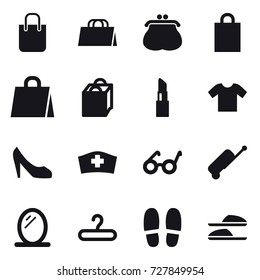 16 vector icon set : shopping bag, purse, lipstick, t-shirt, shoes, suitcase, mirror, hanger, slippers