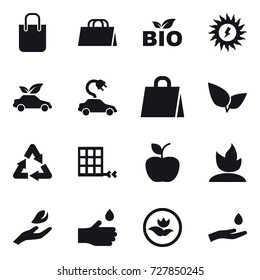16 vector icon set : shopping bag, bio, sun power, eco car, electric car, apple, sprouting, hand leaf, hand drop, ecology, hand and drop