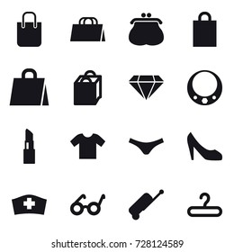 16 vector icon set : shopping bag, purse, diamond, necklace, lipstick, t-shirt, underpants, shoes, suitcase, hanger