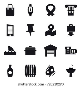 16 vector icon set : shopping bag, smartwatch, column, skyscraper, baggage get, shark flipper, pan, garage, barrel, microb, water tap sink