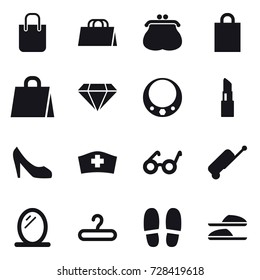 16 vector icon set : shopping bag, purse, diamond, necklace, lipstick, shoes, suitcase, mirror, hanger, slippers