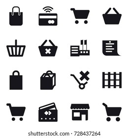 16 vector icon set : shopping bag, tap to pay, cart, basket, delete cart, store, shopping list, credit card, shop