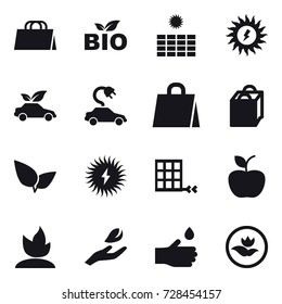 16 vector icon set : shopping bag, bio, sun power, eco car, electric car, apple, sprouting, hand leaf, hand drop, ecology