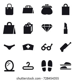 16 vector icon set : shopping bag, purse, diamond, lipstick, underpants, suitcase, mirror, hanger, slippers