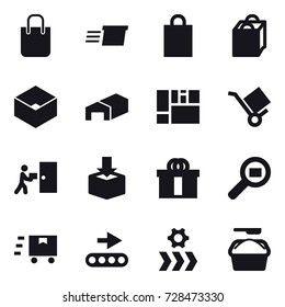 16 vector icon set : shopping bag, delivery, box, warehouse, washing powder
