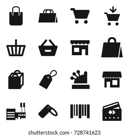 16 vector icon set : shopping bag, cart, add to cart, basket, remove from basket, shop, label, cashbox, mall, credit card