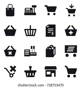 16 vector icon set : shopping bag, cashbox, cart, add to cart, basket, account balance, add to basket, delete cart, store, delivery, shop