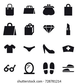 16 vector icon set : shopping bag, purse, diamond, lipstick, t-shirt, underpants, shoes, mirror, slippers