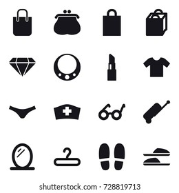 16 vector icon set : shopping bag, purse, diamond, necklace, lipstick, t-shirt, underpants, suitcase, mirror, hanger, slippers