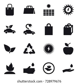 16 vector icon set : shopping bag, sun power, eco car, electric car, apple, sprouting, hand drop, ecology, hand and drop
