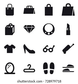 16 vector icon set : shopping bag, diamond, necklace, lipstick, t-shirt, shoes, suitcase, mirror, hanger, slippers