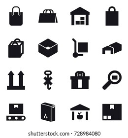 16 vector icon set : shopping bag, warehouse, box, cargo stoller, package