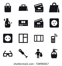 16 vector icon set : shopping bag, credit card, cleanser, power socket, window, trash, liquid soap