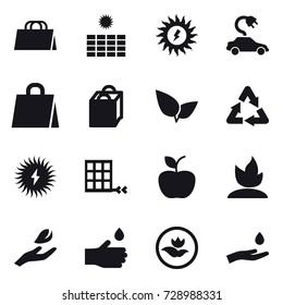 16 vector icon set : shopping bag, sun power, electric car, apple, sprouting, hand leaf, hand drop, ecology, hand and drop