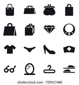 16 vector icon set : shopping bag, purse, diamond, necklace, t-shirt, underpants, shoes, mirror, hanger, slippers