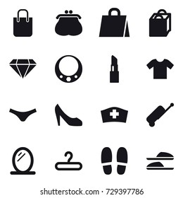 16 vector icon set : shopping bag, purse, diamond, necklace, lipstick, t-shirt, underpants, shoes, suitcase, mirror, hanger, slippers