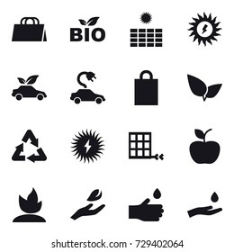 16 vector icon set : shopping bag, bio, sun power, eco car, electric car, apple, sprouting, hand leaf, hand drop, hand and drop