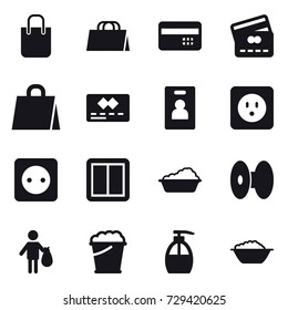 16 vector icon set : shopping bag, credit card, identity card, power socket, power switch, washing, trash, foam bucket, liquid soap, foam basin