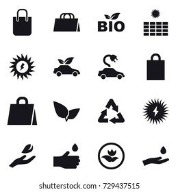 16 vector icon set : shopping bag, bio, sun power, eco car, electric car, hand leaf, hand drop, ecology, hand and drop