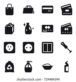 16 vector icon set : shopping bag, credit card, cleanser, power socket, power switch, garbage bag, liquid soap, foam basin, toilet cleanser