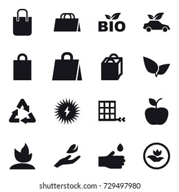 16 vector icon set : shopping bag, bio, eco car, apple, sprouting, hand leaf, hand drop, ecology