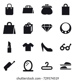 16 vector icon set : shopping bag, purse, diamond, necklace, lipstick, t-shirt, shoes, suitcase, mirror, hanger, slippers