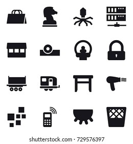 16 vector icon set : shopping bag, chess horse, virus, server, market, lock, trailer, stool, hair dryer, udder, trash bin