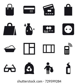 16 vector icon set : shopping bag, credit card, cleanser, power socket, washing, window, garbage bag, trash, toilet cleanser